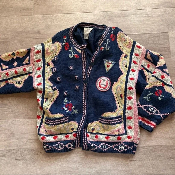 90s Together! Sweater Blue Yellow Knit Embroidered Button Up Cardigan - Picture 8 of 14